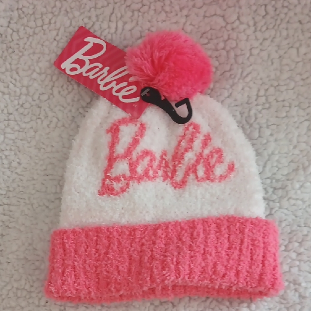 Barbie White & Hot Pink Fuzzy Pom Pom Hat